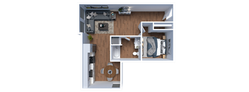 A top-down view of a small apartment with a kitchen, living room, and bedroom.
