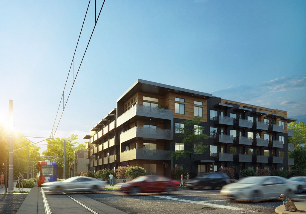 exterior rendering of Lotus Gallacher Apartments in Salt Lake City, UT with luxury apartments for rent