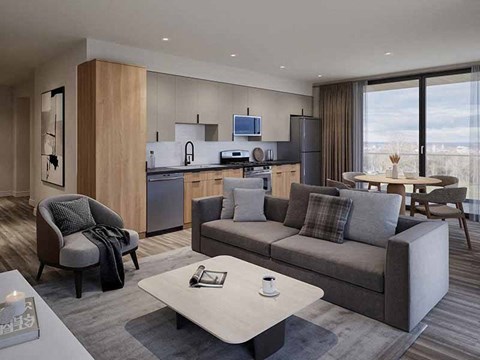 a living room with a couch and a table