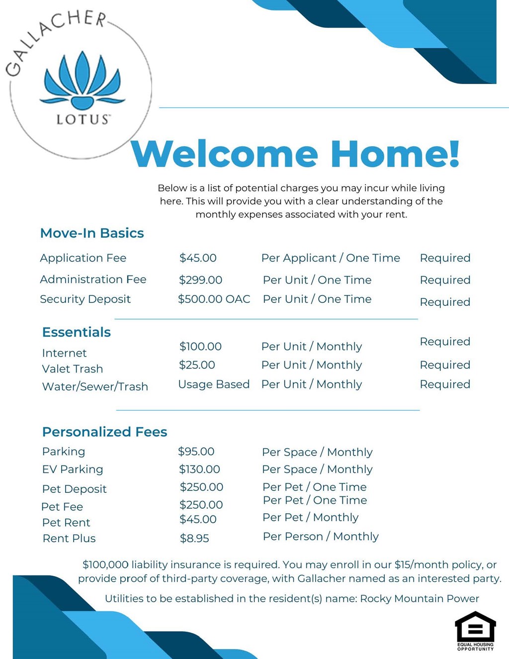 A flyer for Gallagher Lotus Welcome Home, detailing move-in basics, essentials, and personalized fees.