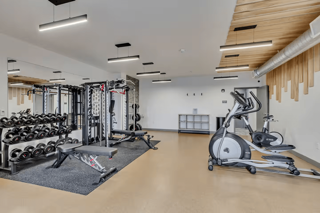 A gym with a variety of equipment including weights and cardio machines.