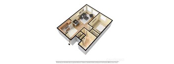Apartment layout with a kitchen, living room, and two bedrooms.