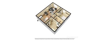 A 3D image of a floor plan of an apartment.