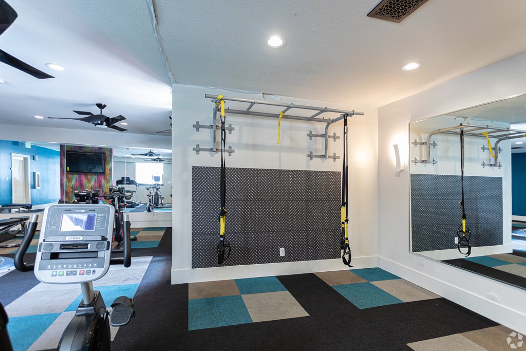 A gym with a treadmill, a wall-mounted mirror, and a wall-mounted pull-up bar.