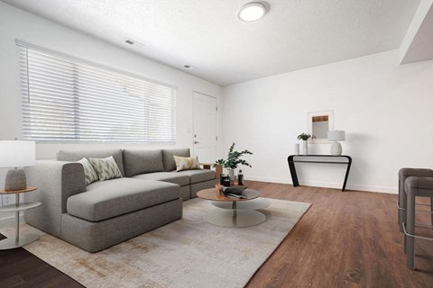a living room with a couch and a coffee table