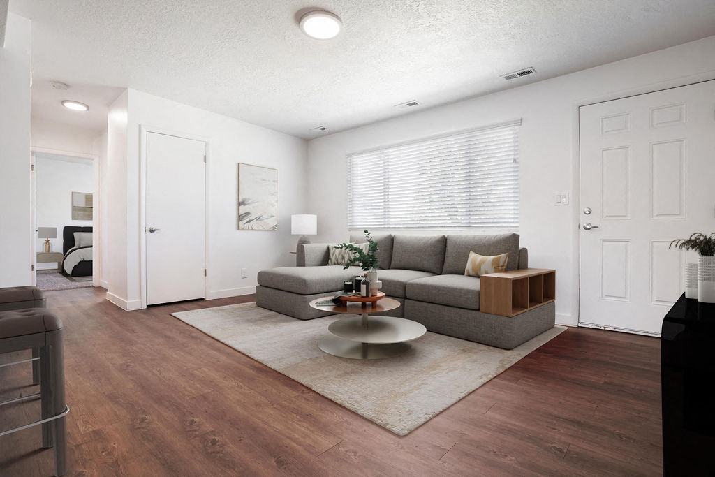a living room with a couch and a coffee table