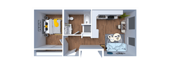A top-down view of a small apartment with a bedroom, living room, and kitchen.