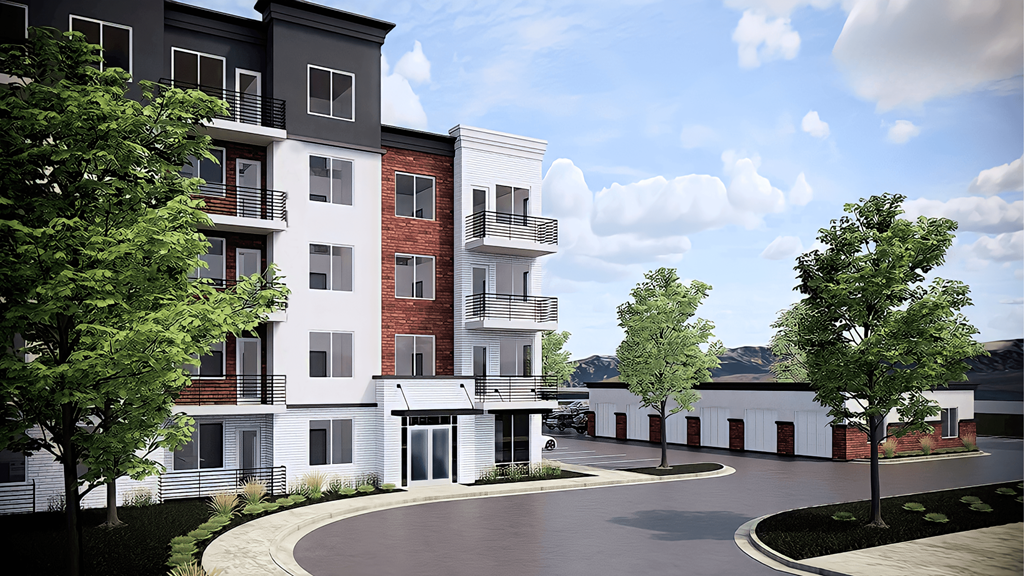 A modern apartment complex with a central courtyard.