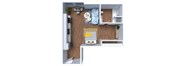 A 3D floor plan of a small apartment with a kitchen, living room, and bedroom.