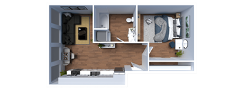 A top-down view of a small, well-organized apartment with a kitchen, living room, and bedroom.