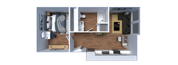 A top-down view of a small apartment layout with a kitchen, living room, and bedroom.