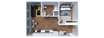 A top-down view of a small, neatly organized apartment with a bed, desk, and kitchenette.
