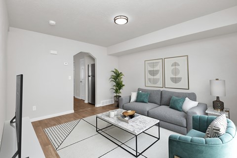 A living room with a grey couch, a coffee table, and a television.