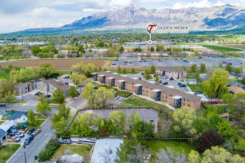 A bird's eye view of Ogden-Weber Tech College campus with buildings and parking lots.