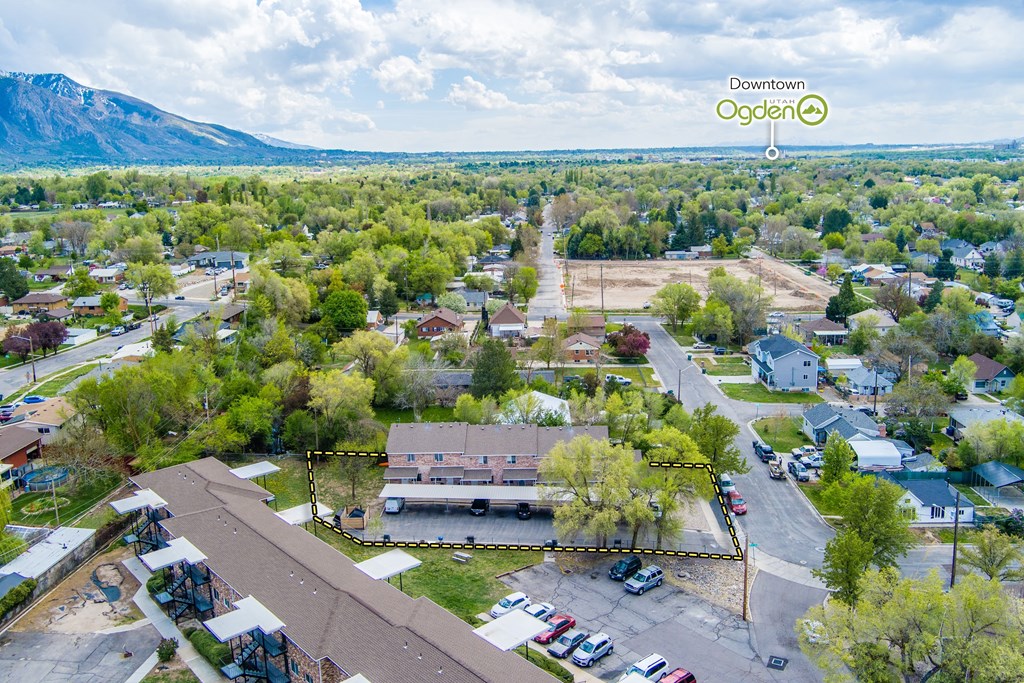 A bird's eye view of a town with a mountain in the background.