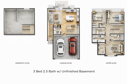 Three floor plan images of a 3 Bed 2.5 Bath with Unfinished Basement.