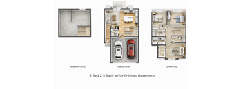 Three floor plan images of a 3 Bed 2.5 Bath with Unfinished Basement.