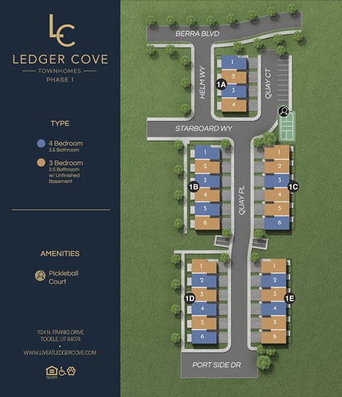 A map of Ledger Cove Townhomes shows the layout of the buildings and their amenities.