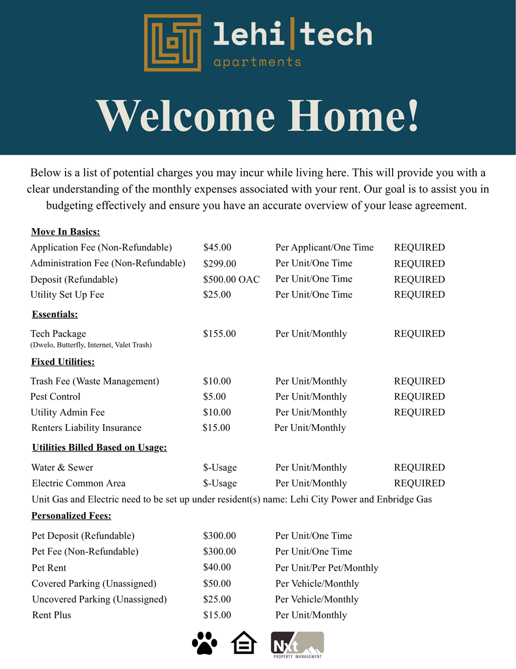 A welcome home flyer for lehitech apartments with a list of potential charges.