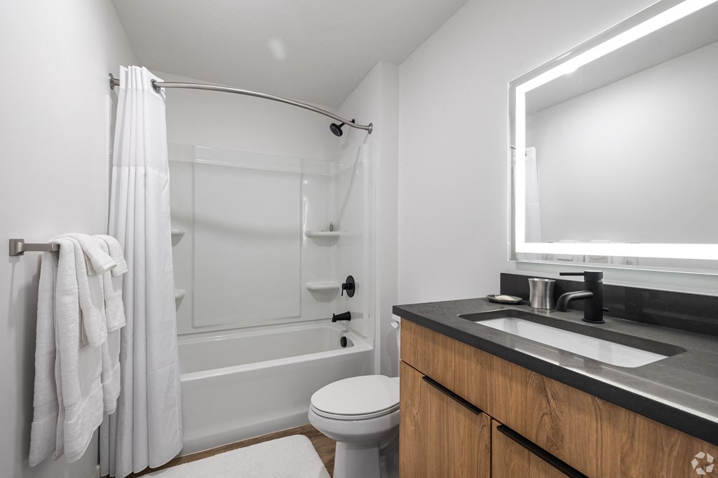 a bathroom with a sink and a toilet and a shower at Lotus Gallacher luxury apartments for rent in Salt Lake City, UT