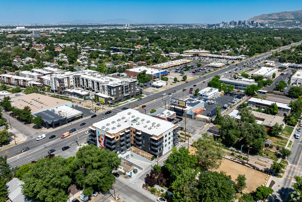 an aerial view of the city at Lotus Gallacher luxury apartments for rent in Salt Lake City, UT