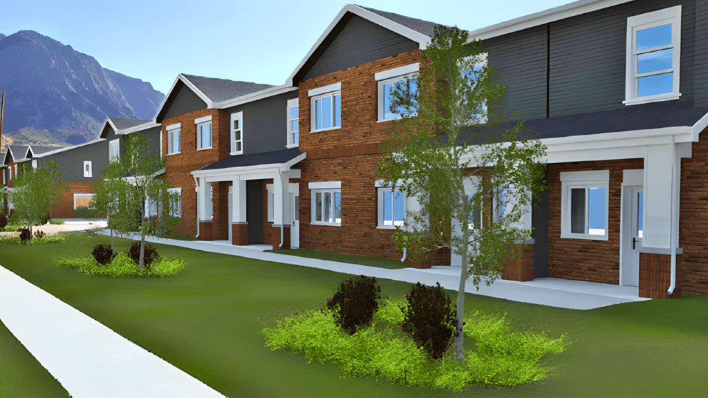 a rendering of a row of houses with trees in front