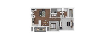 A top-down view of a house layout with a kitchen, living room, and bathroom.