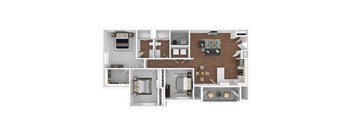 A floor plan of a house with a kitchen, living room, and two bedrooms.