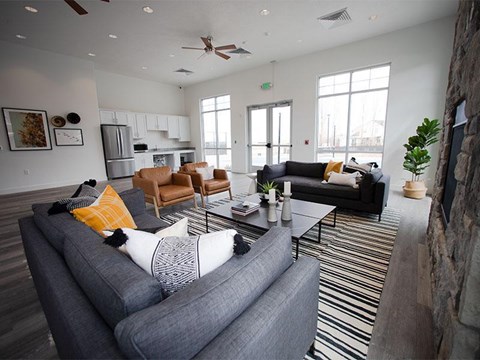 A living room with a grey couch and a striped rug.