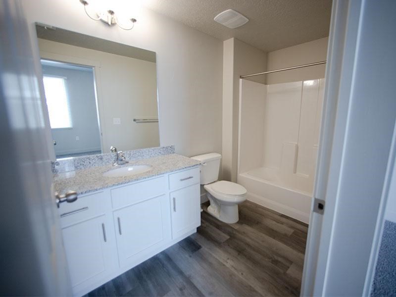 A bathroom with a toilet, sink, and mirror.