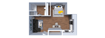 A 3D floor plan of a small apartment with a bedroom, living room, and kitchen.