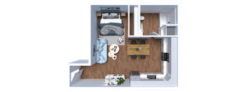 A bedroom with a bed, nightstand, and a small table with a plant on it.
