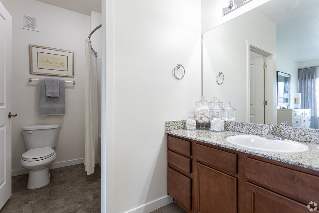 a bathroom with a toilet and a sink and a mirror at Outlook Apartments for rent in Springville and Provo, UT.