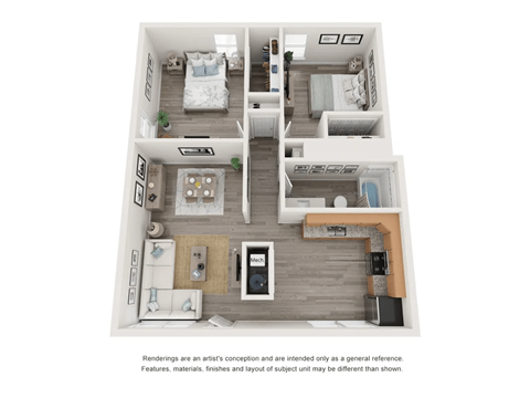 A floor plan of a house with a kitchen, living room, dining room, and bedrooms.