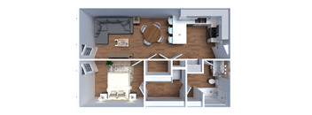 a 3d rendering of a furnished floor plan with a bedroom and a living room