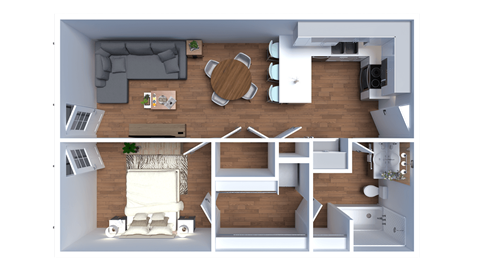 a 3d rendering of a furnished floor plan with a bedroom and a living room