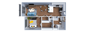 a 3d rendering of a furnished floor plan with a bedroom and a living room