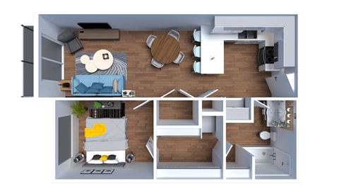 a 3d rendering of a furnished floor plan with a bedroom and a living room