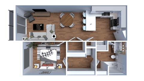 a 3d floor plan of a house with a bedroom and a living room