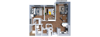 a 3d rendering of the living room with the kitchen and dining room