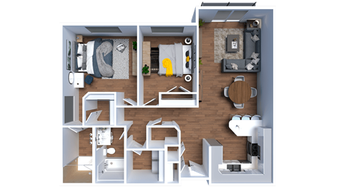 a 3d rendering of the living room with the kitchen and dining room