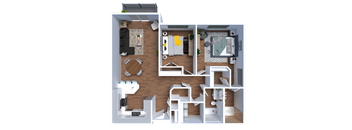 a rendering of a 1 bedroom floor plan with a bathroom and a living room