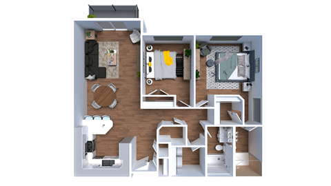 a rendering of a 1 bedroom floor plan with a bathroom and a living room
