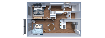 an overhead view of a house with a bedroom and a living room