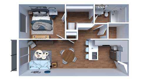 an overhead view of a house with a bedroom and a living room