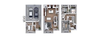 A series of three images showing different layouts of a car, a bedroom, and a living room.