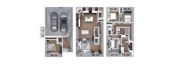 A top-down view of a house layout with a garage, living room, kitchen, and bedrooms.