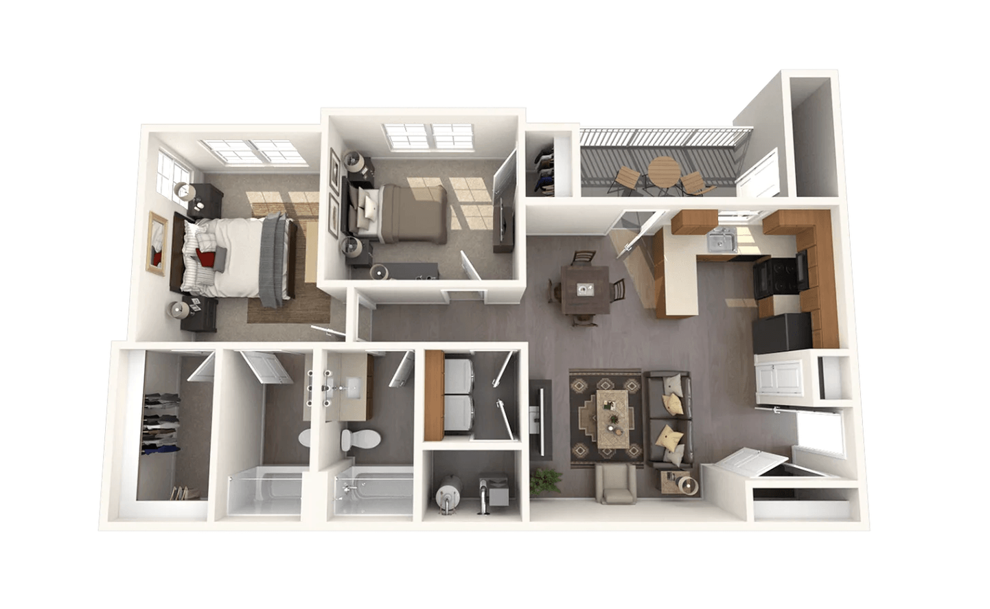 a 3d floor plan of a 2100 sq ft apartment