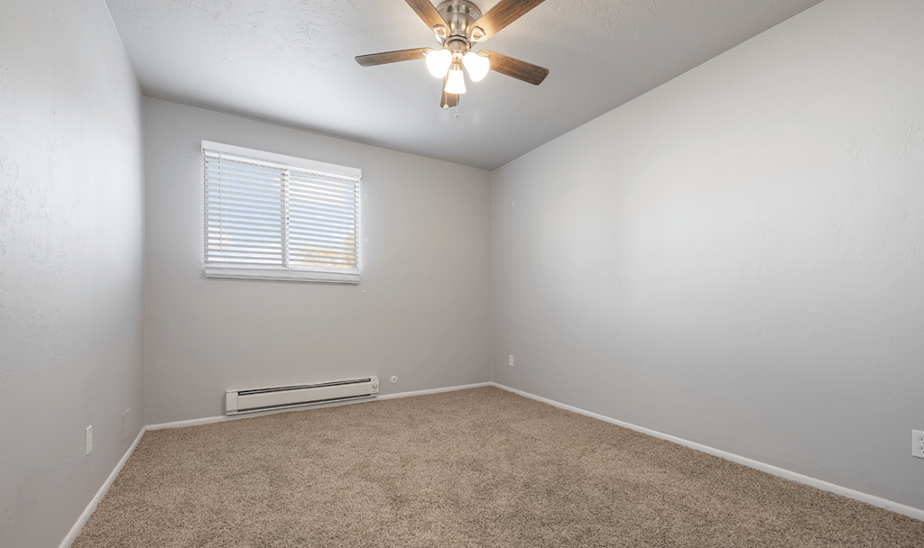 A room with a ceiling fan and carpeted floor.