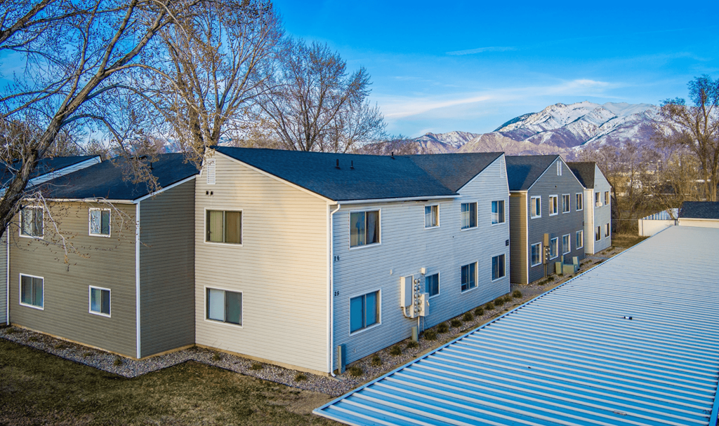 A row of houses with a mountain in the background.